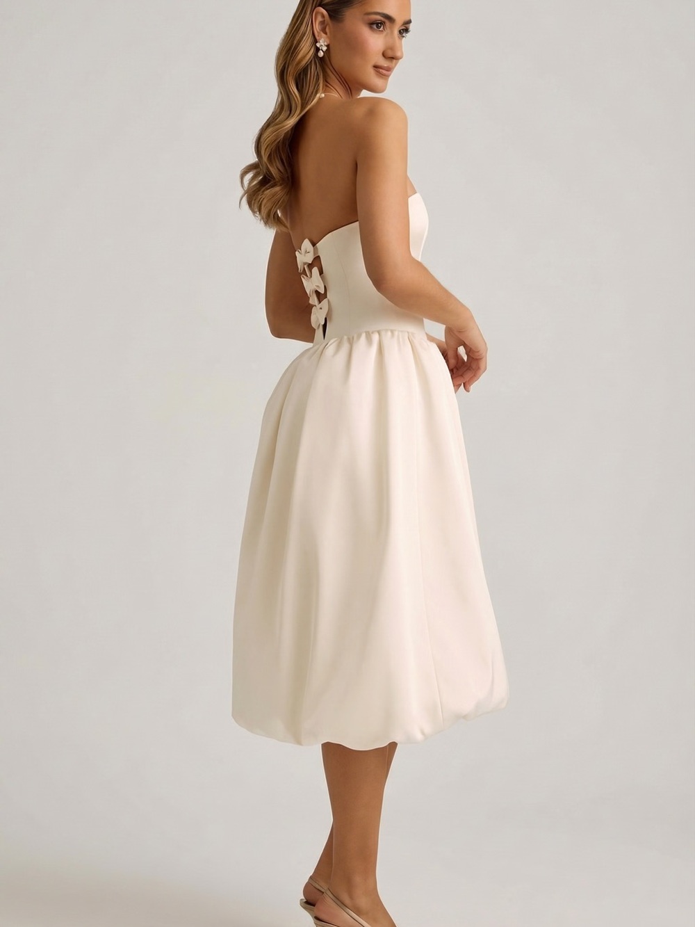 Oh Polly Strapless Tea-Length Dress in Ivory